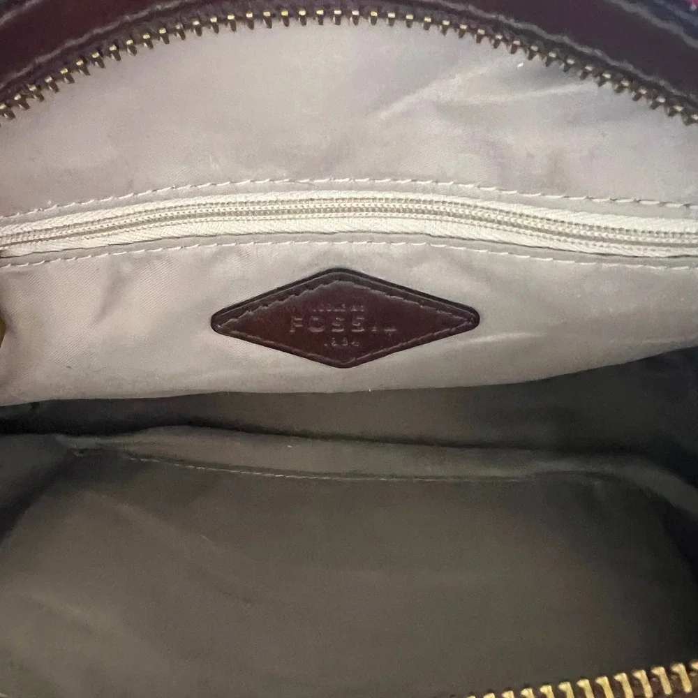 Fossil Magenta Pink Pebbled Leather Satchel Crossbody Bag Brown Trim Brass Purse
